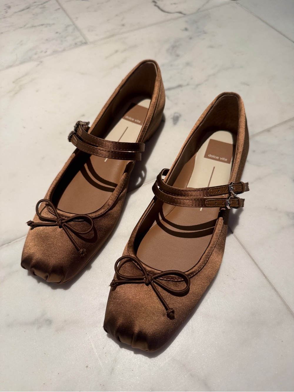 Dolce Vita Brown Satin Mary Jane Ballet Flats with Double Straps